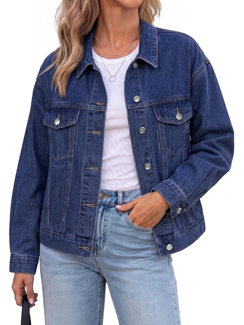 Women’s Darkness Blue Oversized Button Up Classic Casual Denim Jean Jacket